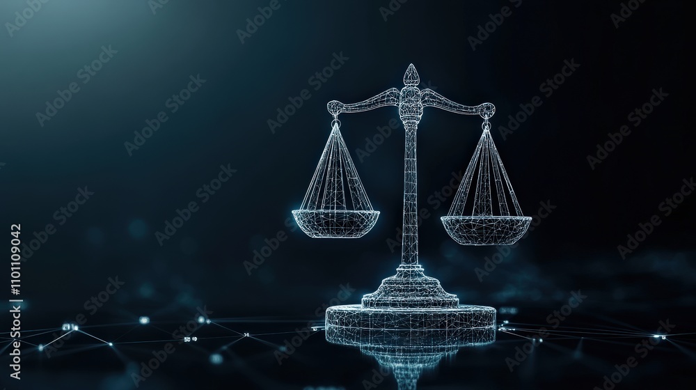 Poster a futuristic representation of justice symbolized by a wireframe scale balancing concepts of law, eq