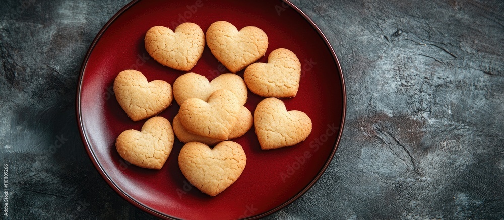 Poster Heart-shaped glazed cookies arranged on a deep red plate with a textured stone surface background for a romantic or festive theme.