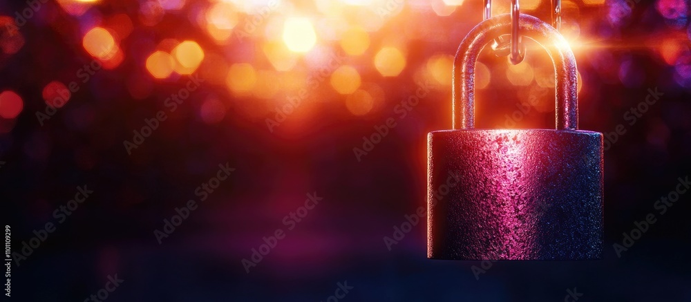 Poster padlock in vibrant colors symbolizing security and protection with blurred lights in the background 