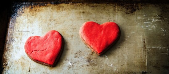 Obraz premium Heart shaped sugar cookies on a rustic baking sheet symbolizing love and romance perfect for Valentine's Day celebrations and sweet treats