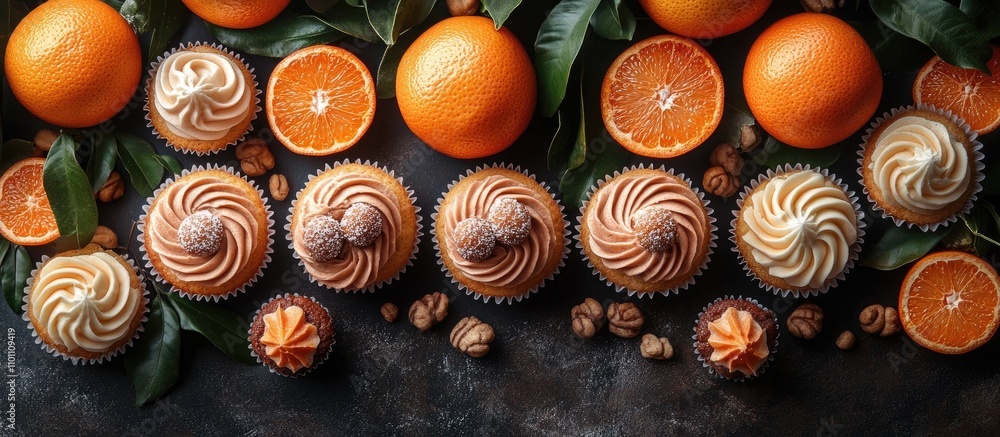 Aufkleber tangerine flavored cupcakes and cookies arranged with fresh tangerines and mint leaves on a dark woo