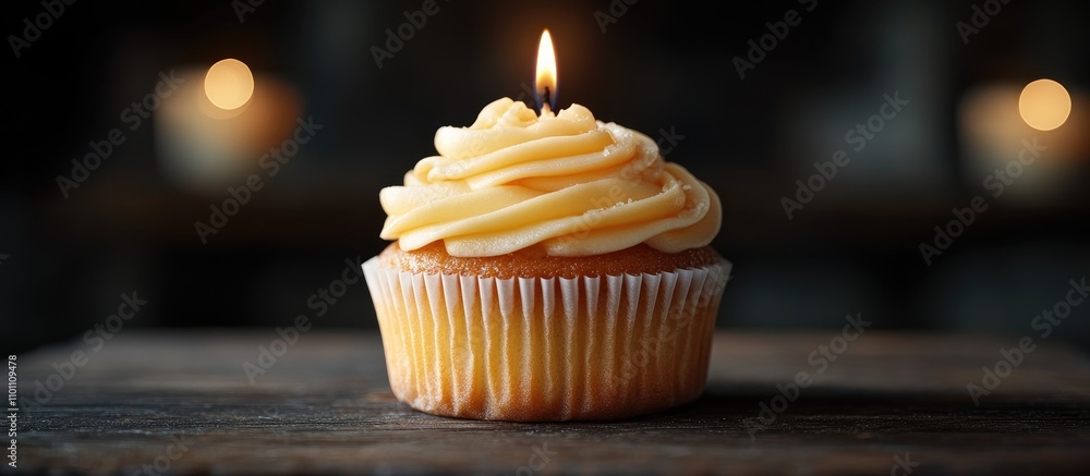 Aufkleber delicious homemade cupcake with creamy frosting and a candle on rustic wooden table illuminated by s