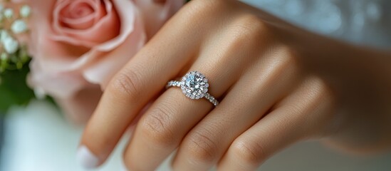 elegant bridal hands showcasing a stunning wedding ring with delicate floral backdrop and soft wedding attire details