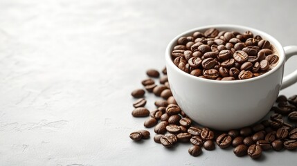 Fototapeta premium White ceramic mug filled with coffee beans on a light gray surface with scattered beans showcasing coffee culture and beverage preparation.
