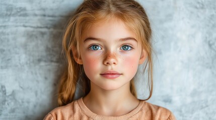 Naklejka premium Young girl with striking blue eyes and a braided hairstyle, posed against a soft gray background, conveying innocence and curiosity.