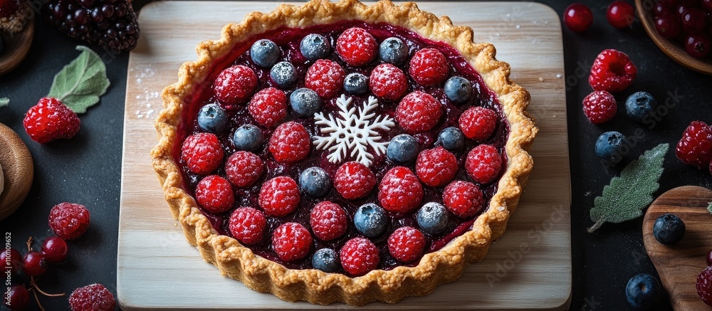 Poster homemade mixed berry pie with snowflake design on a wooden table festive bakery overhead view
