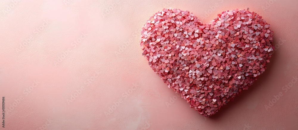 Poster heart shaped confetti arranged on a pink background creating a romantic and festive atmosphere with 
