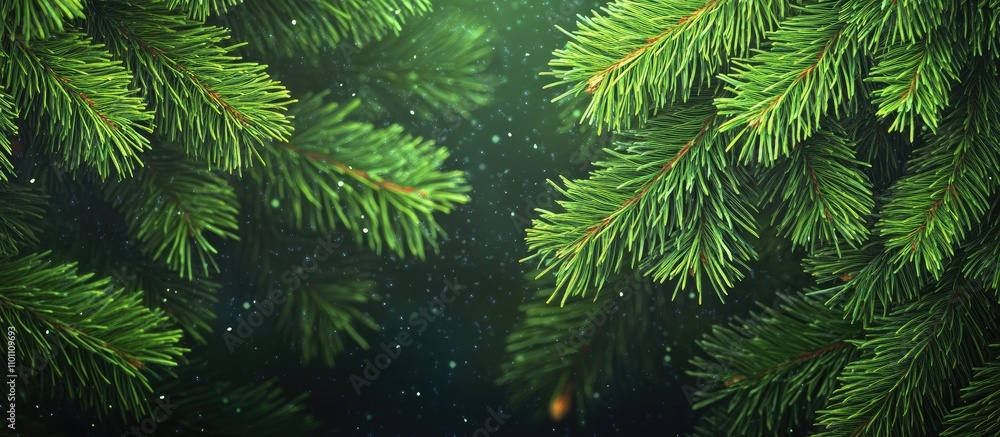 Poster closeup of detailed green christmas tree branches with a soft bokeh background creating a festive at