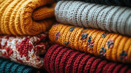Fototapeta premium Aerial view of neatly stacked colorful women's knitwear on a white background showcasing apparel for a clothing sale or shopping concept.