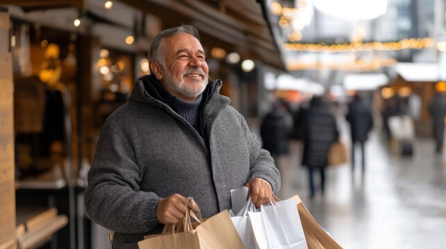 Smiling elderly man holds shopping bags while enjoying the vibrant atmosphere of a holiday market filled with shoppers and decorations