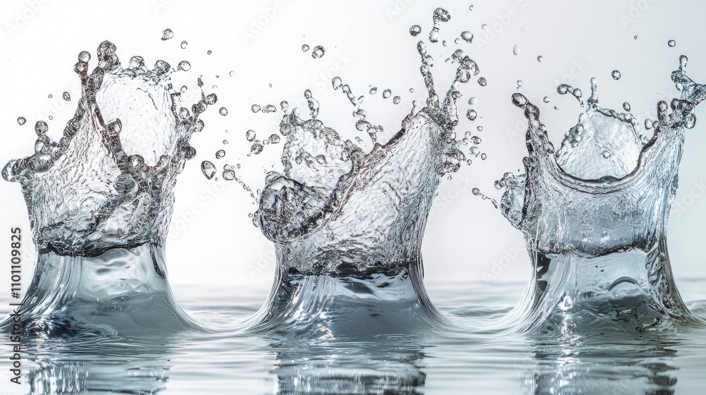 Poster water splash collection with dynamic droplets on a white background showcasing fluid motion and clar