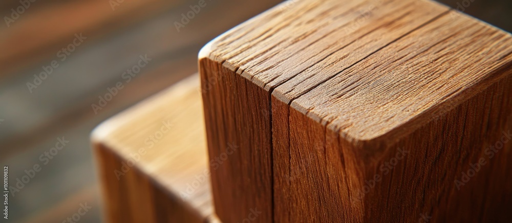 Poster close-up of a weathered wooden cube showcasing texture and detail in rustic travel decor elements