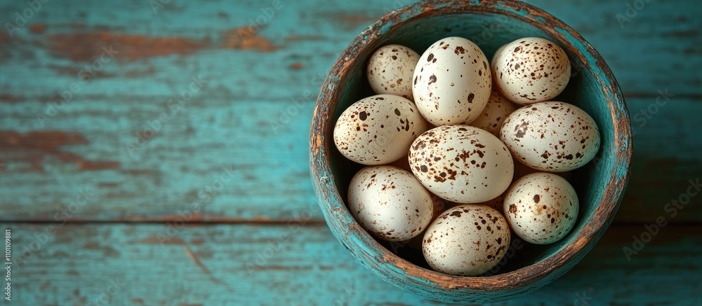 Poster quail eggs nestled in a rustic turquoise bowl on a textured blue wooden surface creating a vintage a