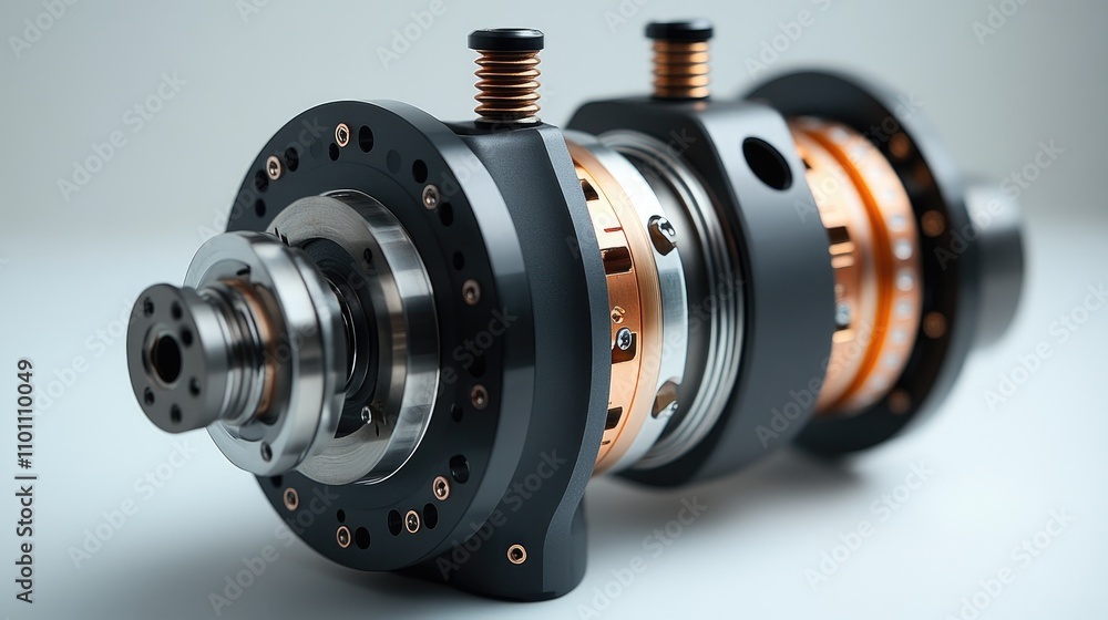 Poster stepper motor stator with detailed manufacturing features against a neutral background showcasing en