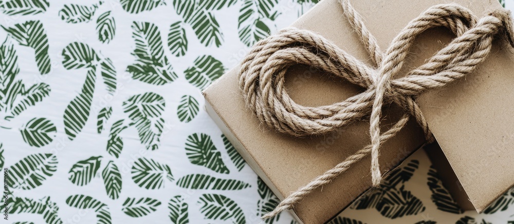 Poster flat lay of a craft box tied with natural rope on a leafy patterned background showcasing creativity