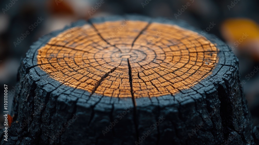 Poster Close-up view of a tree stump highlighting intricate wood grain patterns and natural textures in a forest environment