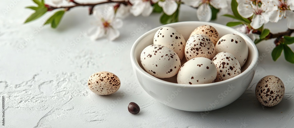 Aufkleber spring holiday decor featuring quail eggs in a porcelain bowl surrounded by blossoms on a light back