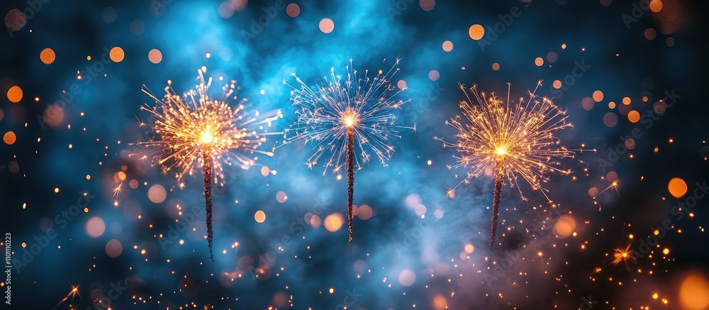 Poster vibrant blue fireworks bursting in the night sky with a soft bokeh background and sparkles creating 