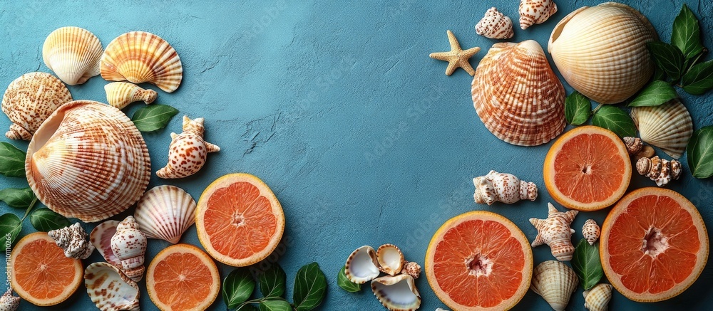 Aufkleber seashells and orange slices arranged with summer accessories on a vibrant blue tabletop for a fresh 