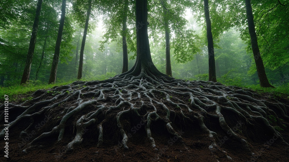 Poster vertical view of intricate tree roots extending from dark soil in a verdant forest surrounded by mis
