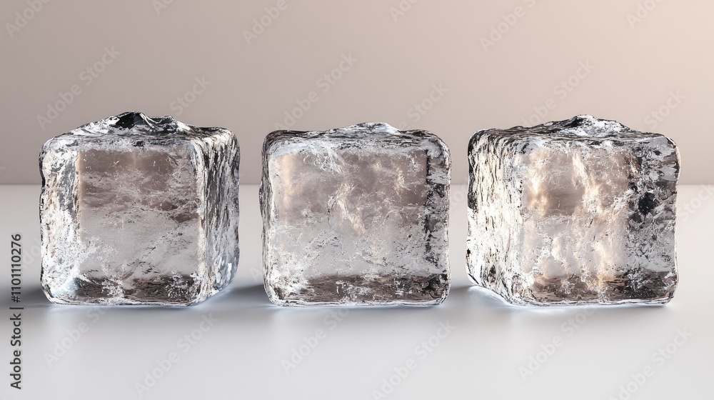 Poster Three clear ice cubes arranged on a white surface with soft lighting highlighting their transparency and texture