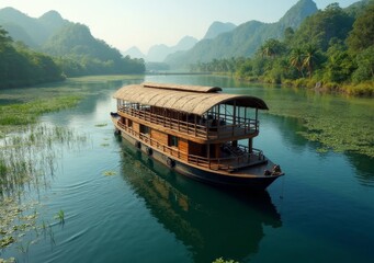 Fototapeta premium Scenic riverboat cruising through lush mountains and calm waters in a rural landscape