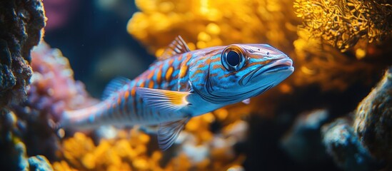 Obraz premium Colorful barracuda swimming in a vibrant reef environment surrounded by coral and marine life in a tropical underwater scene