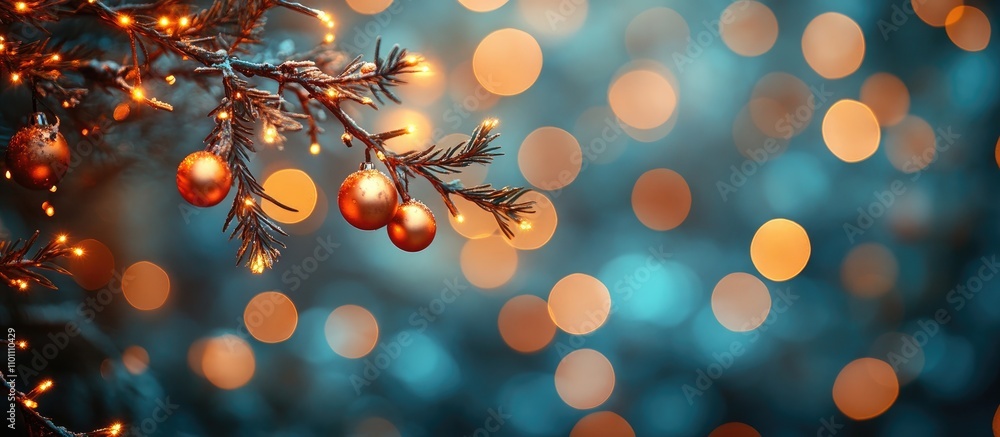 Poster bokeh background with orange and blue christmas decorations and ornaments on evergreen branch creati