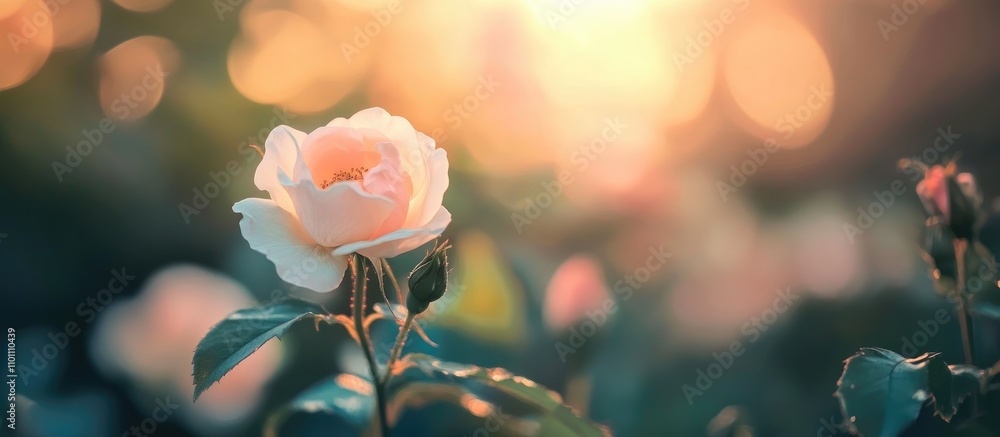 Poster delicate pink rose illuminated by soft sunlight in a dreamy garden setting with bokeh background cre