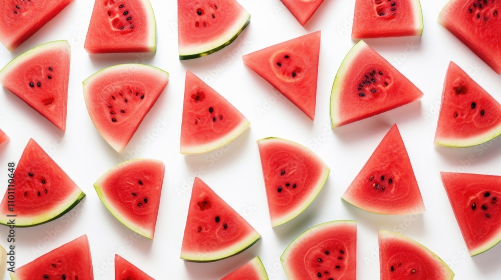 Poster fresh watermelon slices in various shapes arranged on a white background creating a vibrant and appe