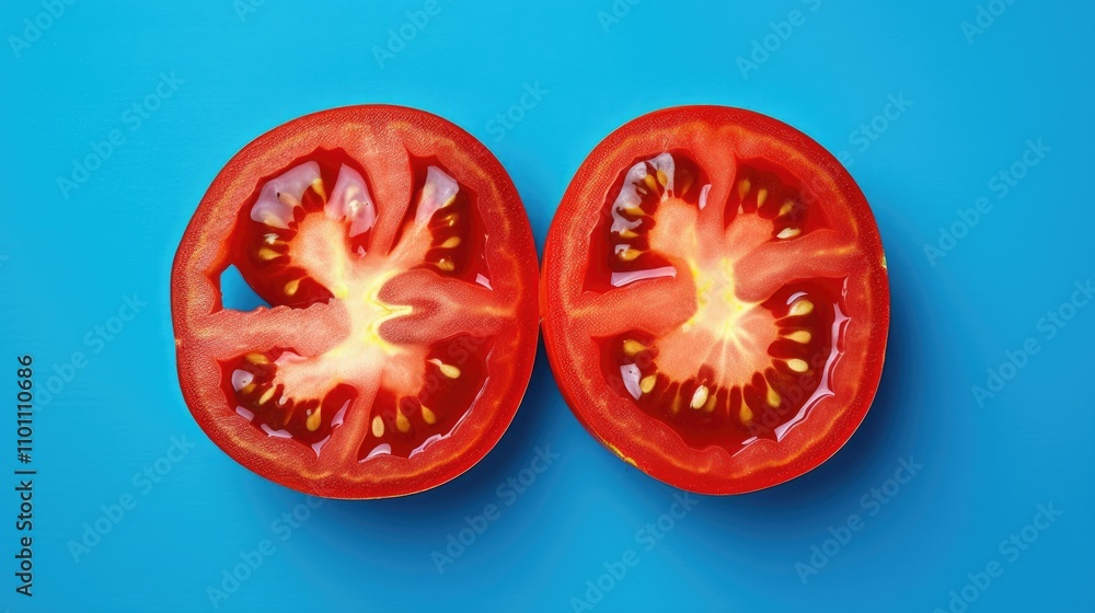 Aufkleber Two halves of a vibrant tomato on a bright blue background showcasing rich color and texture in a close-up shallow depth of field.