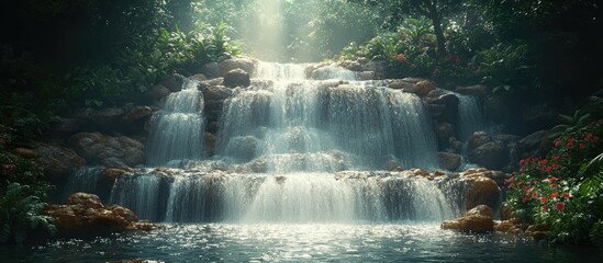 Majestic waterfall flowing over rocks in a serene jungle setting with lush greenery and soft sunlight filtering through the trees
