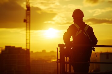 Obraz premium A construction worker in silhouette stands on a platform, looking out at the setting sun over a city skyline.