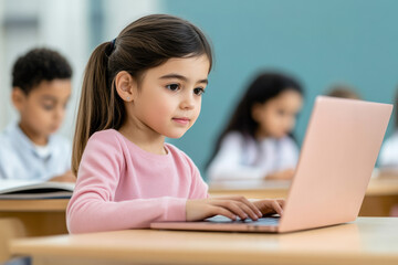 Girl engaged with laptop, teacher assisting, classmates focused on their studies, vibrant classroom environment, learning in action