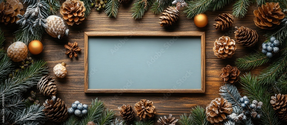 Poster festive wooden table with pine branches and decorative elements framing a blank space for text or im