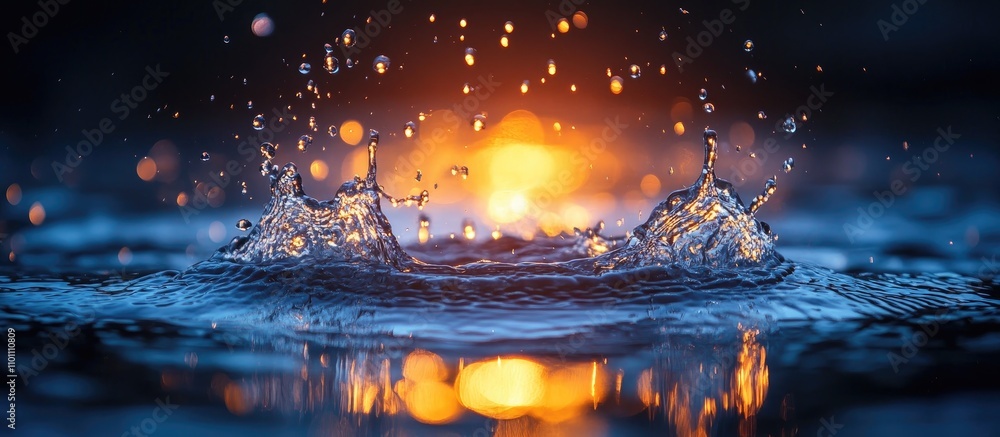Poster Dynamic water splash with vibrant reflections under golden light creating an enchanting visual effect on the surface of the water.