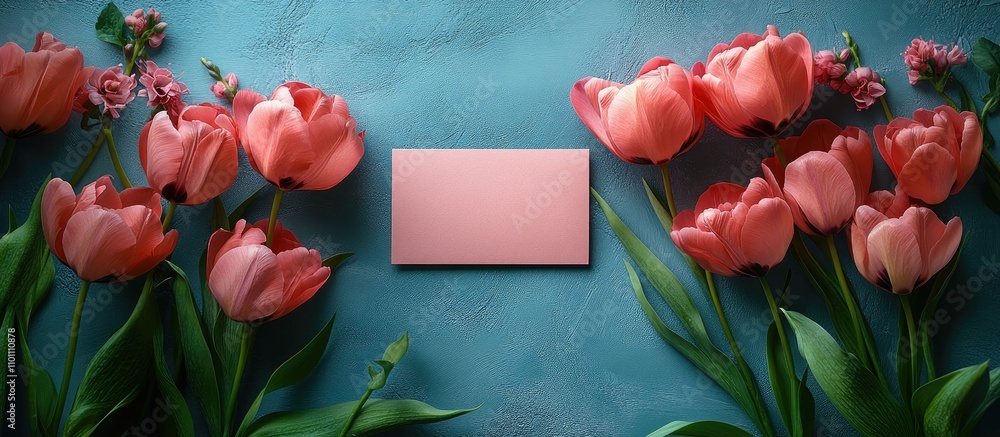 Poster elegant flat lay of a blank card surrounded by pink tulips on a vibrant teal background ideal for in