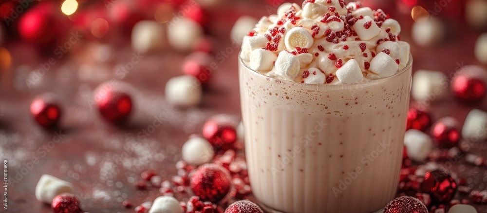 Poster festive beverage with marshmallows and candy on a holiday background with red and white decorations 