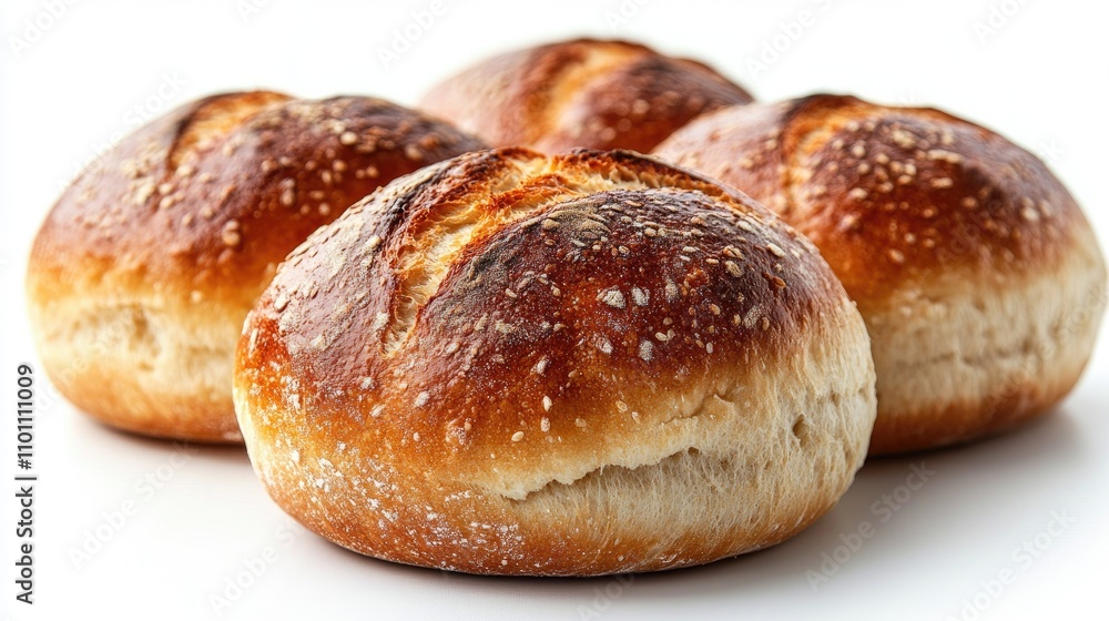 Poster freshly baked artisanal bread rolls arranged in a cluster on a clean white background showcasing the