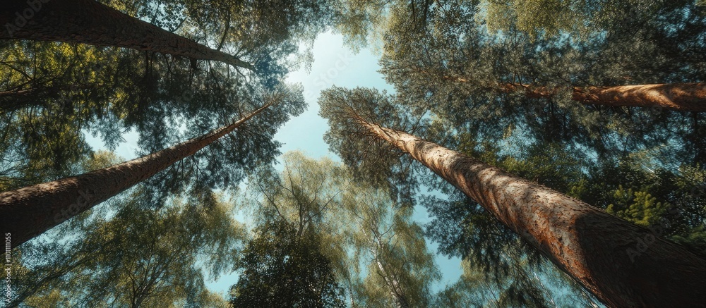 Poster looking up at towering trees in a serene forest with sunlight filtering through the leaves creating 