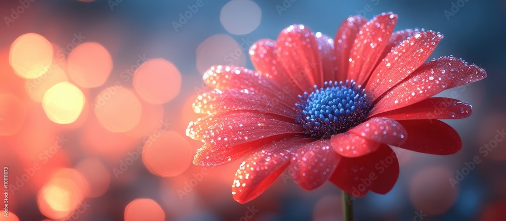 Poster close-up side view of a vibrant red flower adorned with dew drops against a blurred bokeh background