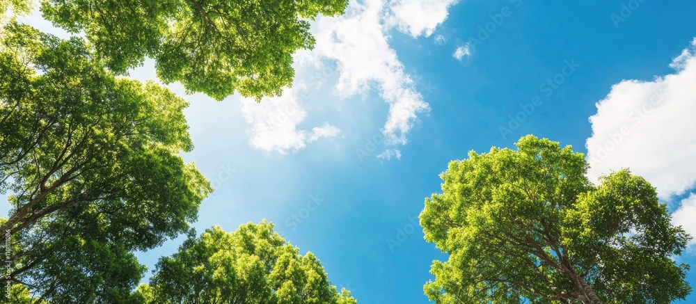 Poster lush green trees under a vibrant blue sky with fluffy clouds creating a serene nature backdrop