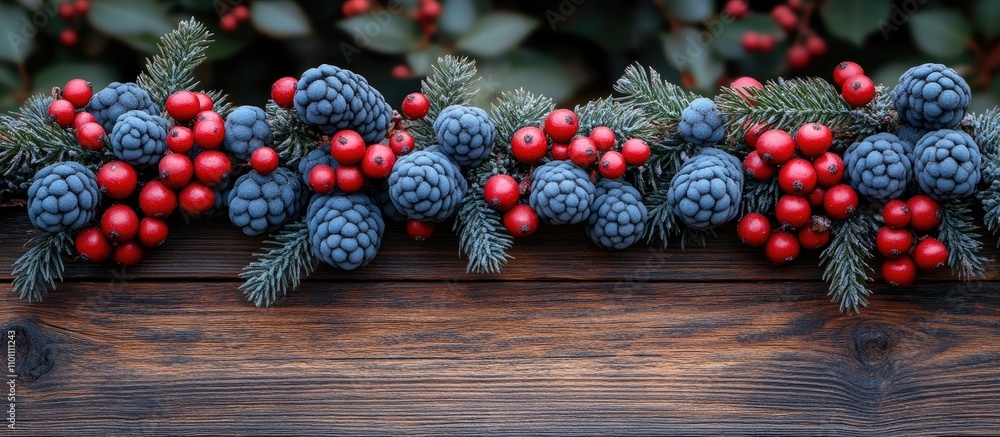 Poster spruce branches adorned with decorative berries on rustic wooden surface creating a festive ambiance