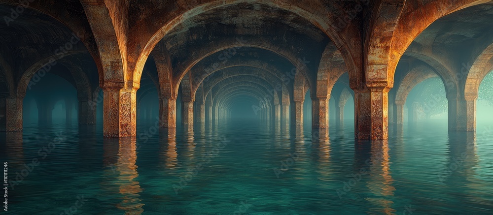 Poster mysterious underwater landscape with ancient arches and tranquil waters creating an ethereal and ser