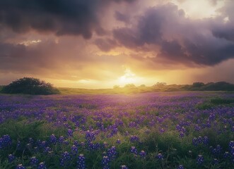 Stunning Bluebonnet Field in Dramatic Texas Sky