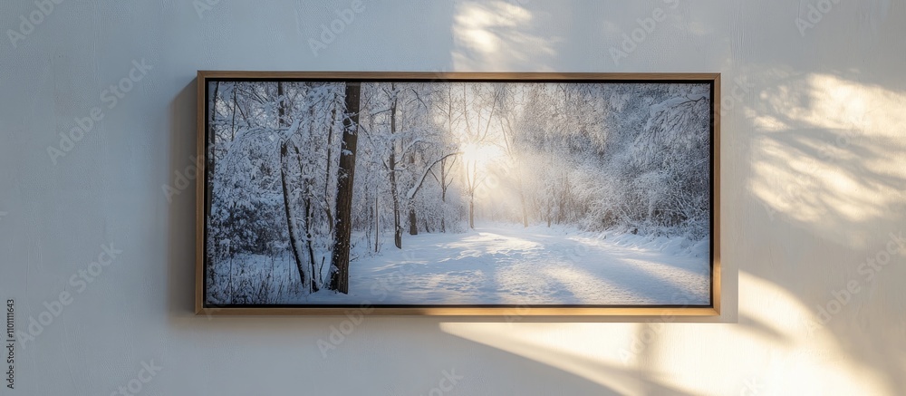 Poster Serene winter landscape with sunlight filtering through snow-covered trees creating a tranquil and elegant atmosphere in nature.