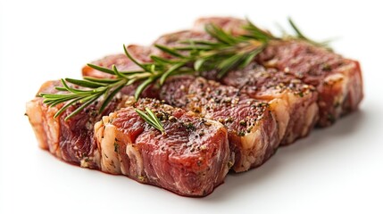 Obraz premium Fresh beef cut featuring marbling and herbs on a clean white background ideal for culinary and food preparation themes