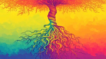 Obraz premium A colorful illustration of a tree with vibrant roots and branches against a gradient background.