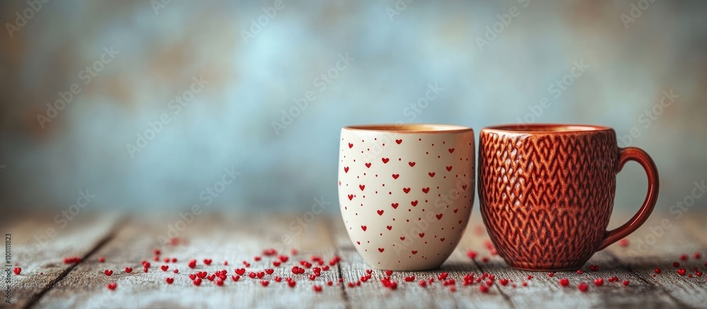 Poster valentine's day themed coffee mugs with heart designs on a wooden table adorned with tiny red hearts