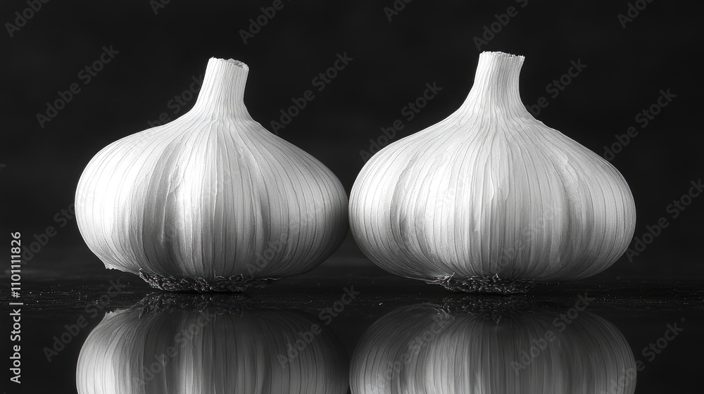Poster monochrome still life of two garlic heads on a reflective surface showcasing their texture and shape